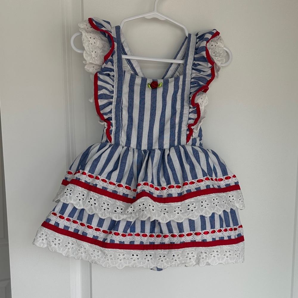 2T Bums & Roses Blue Stripe Tiered Ruffle Dress Linen Blend